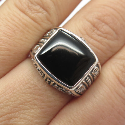 925 Sterling Silver Vintage FAS Real Black Onyx Gem Square Signet Ring Size 8