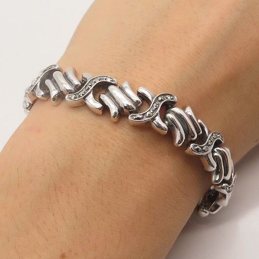 925 Sterling Silver Antique Real Marcasite Gem "X" Link Bracelet 7.25"