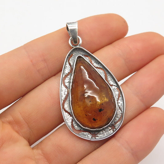 925 Sterling Silver Vintage Real Amber Teardrop Pendant