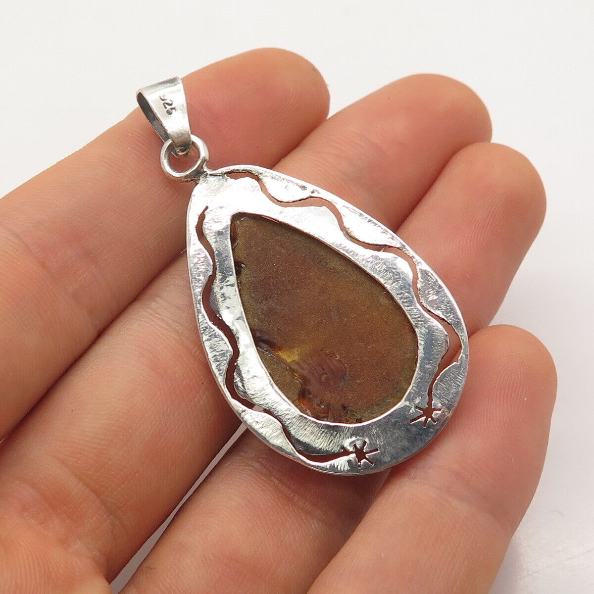 925 Sterling Silver Vintage Real Amber Teardrop Pendant