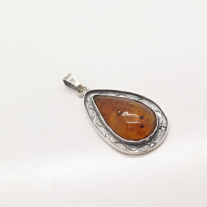 925 Sterling Silver Vintage Real Amber Teardrop Pendant