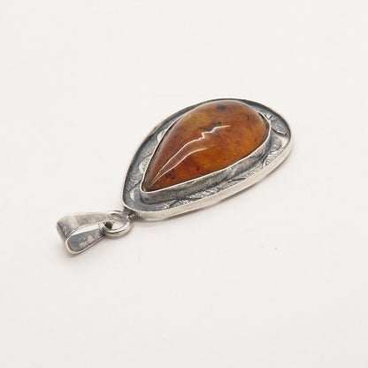 925 Sterling Silver Vintage Real Amber Teardrop Pendant