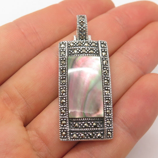 925 Sterling Silver Vintage Real Abalone Shell & Marcasite Gemstone Pendant