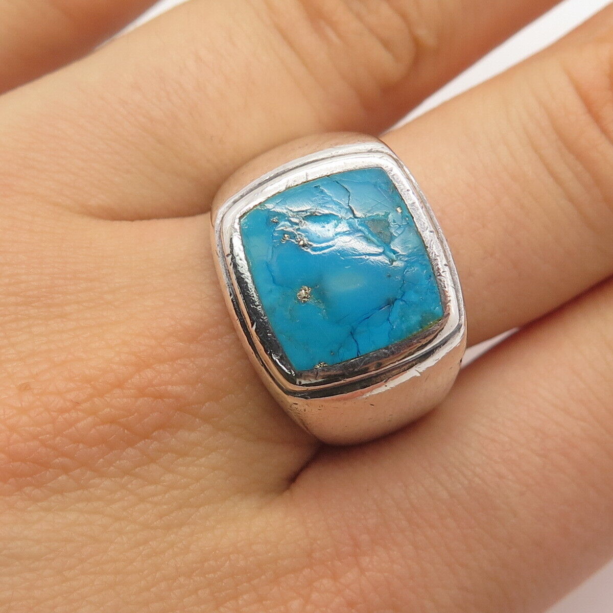 925 Sterling Silver Vintage Real Turquoise Gemstone Ring Size 10.25