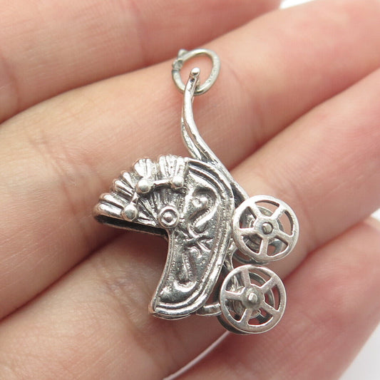 925 Sterling Silver Vintage Baby Pram Movable Pendant