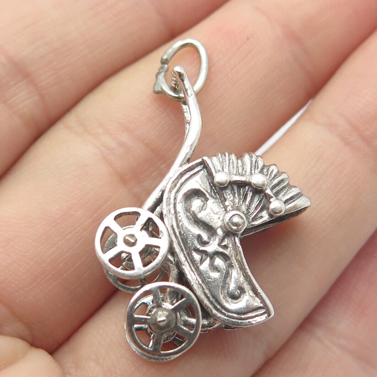 925 Sterling Silver Vintage Baby Pram Movable Pendant