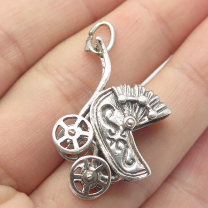 925 Sterling Silver Vintage Baby Pram Movable Pendant