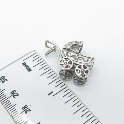 925 Sterling Silver Vintage Baby Pram Movable Pendant