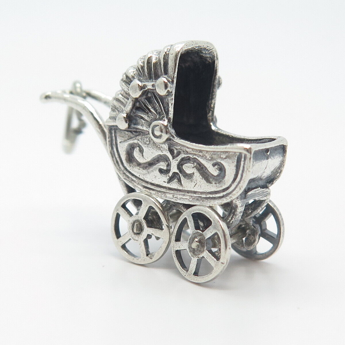 925 Sterling Silver Vintage Baby Pram Movable Pendant