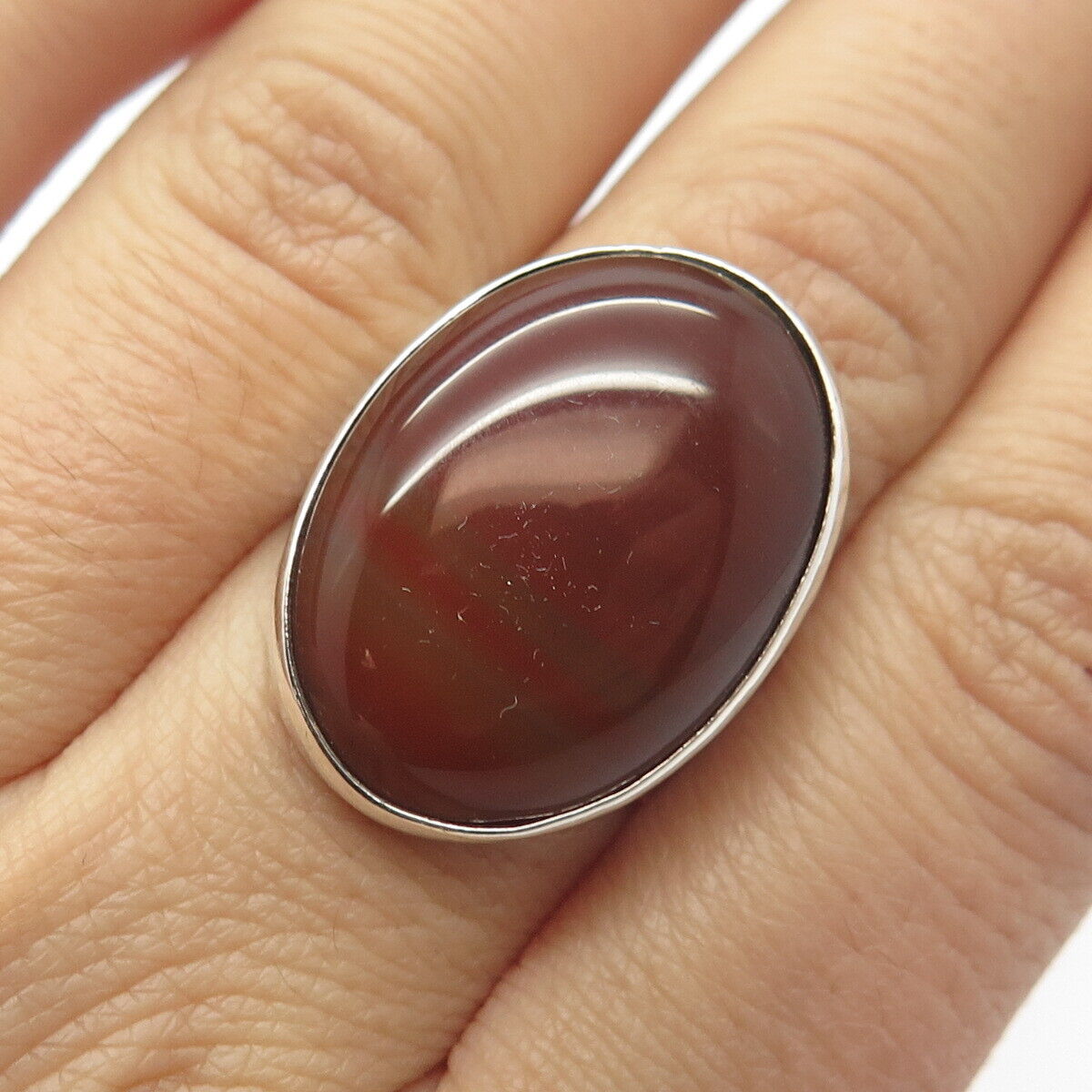 925 Sterling Silver Vintage Israel Real Agate Gem Oval Ring Size 6.25