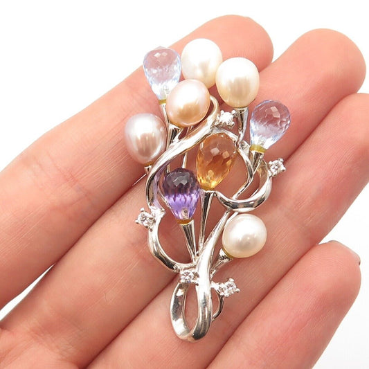 925 Sterling Silver Vintage Real Pearl Multi-Color Gem & C Z Cluster Pendant