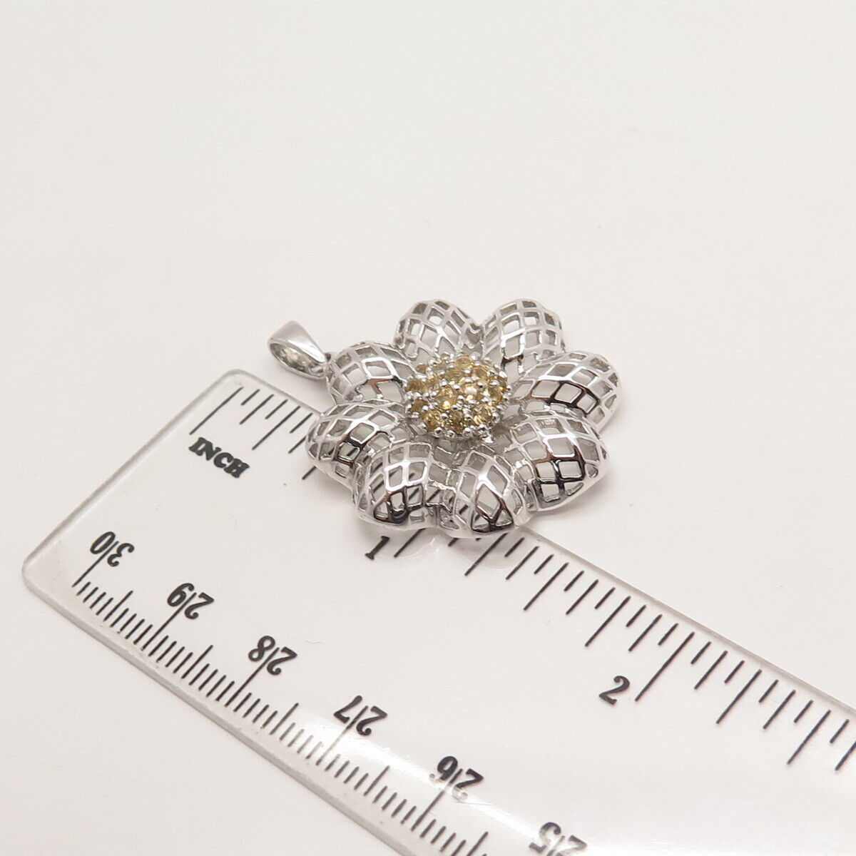 925 Sterling Silver Vintage Real Citrine Gem Floral Pendant