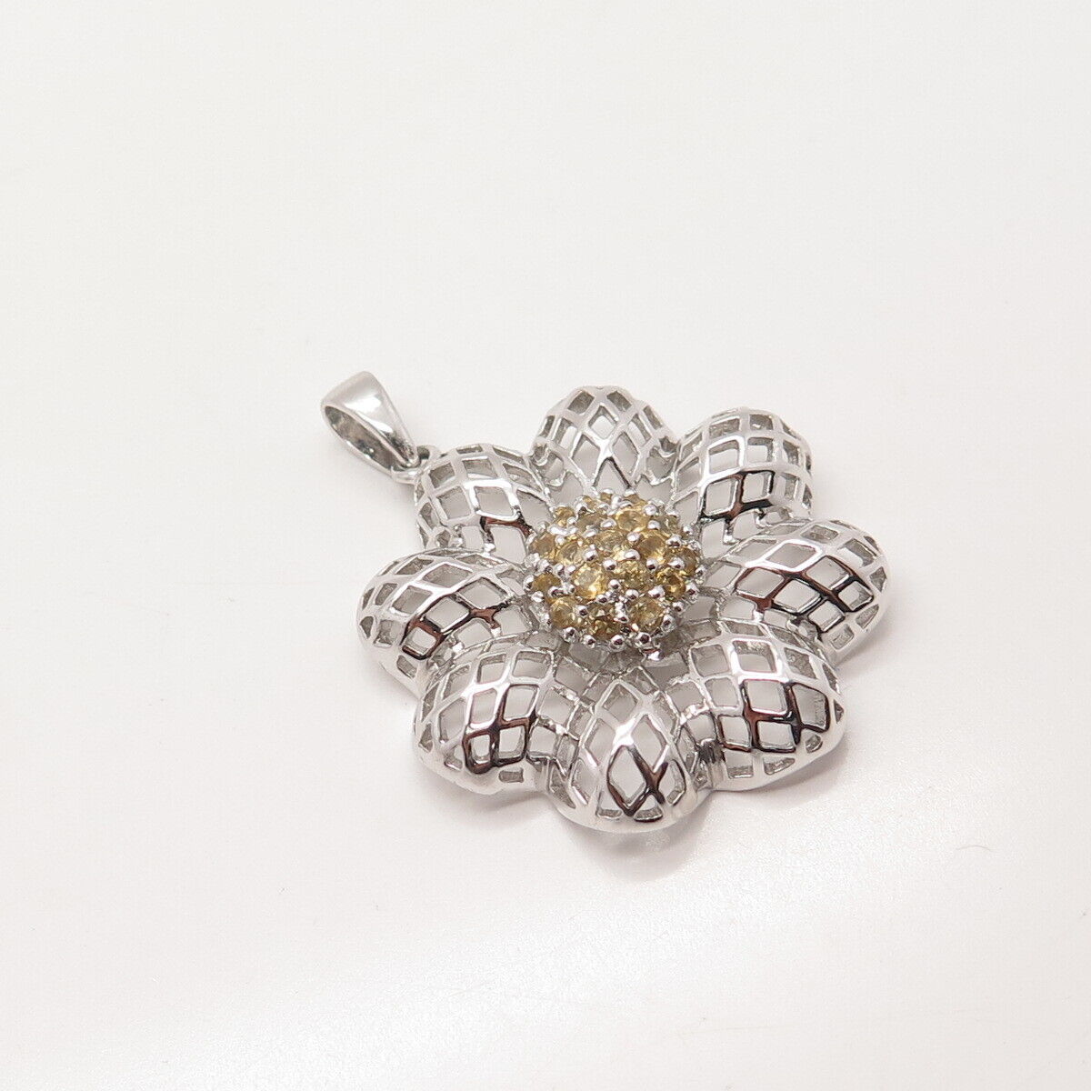 925 Sterling Silver Vintage Real Citrine Gem Floral Pendant