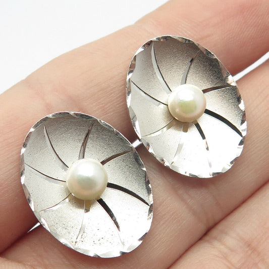 925 Sterling Silver Vintage Real Pearl Textured Cufflinks