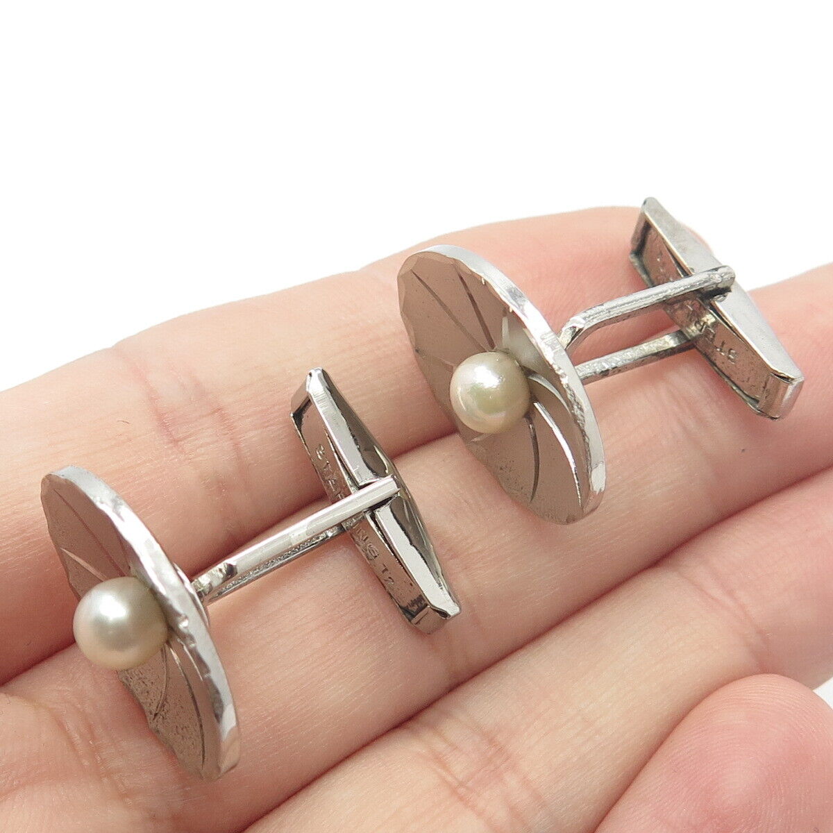 925 Sterling Silver Vintage Real Pearl Textured Cufflinks