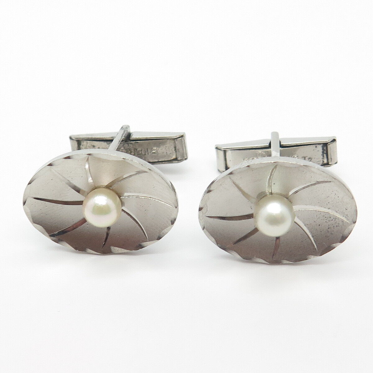 925 Sterling Silver Vintage Real Pearl Textured Cufflinks