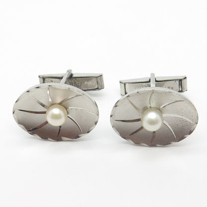 925 Sterling Silver Vintage Real Pearl Textured Cufflinks