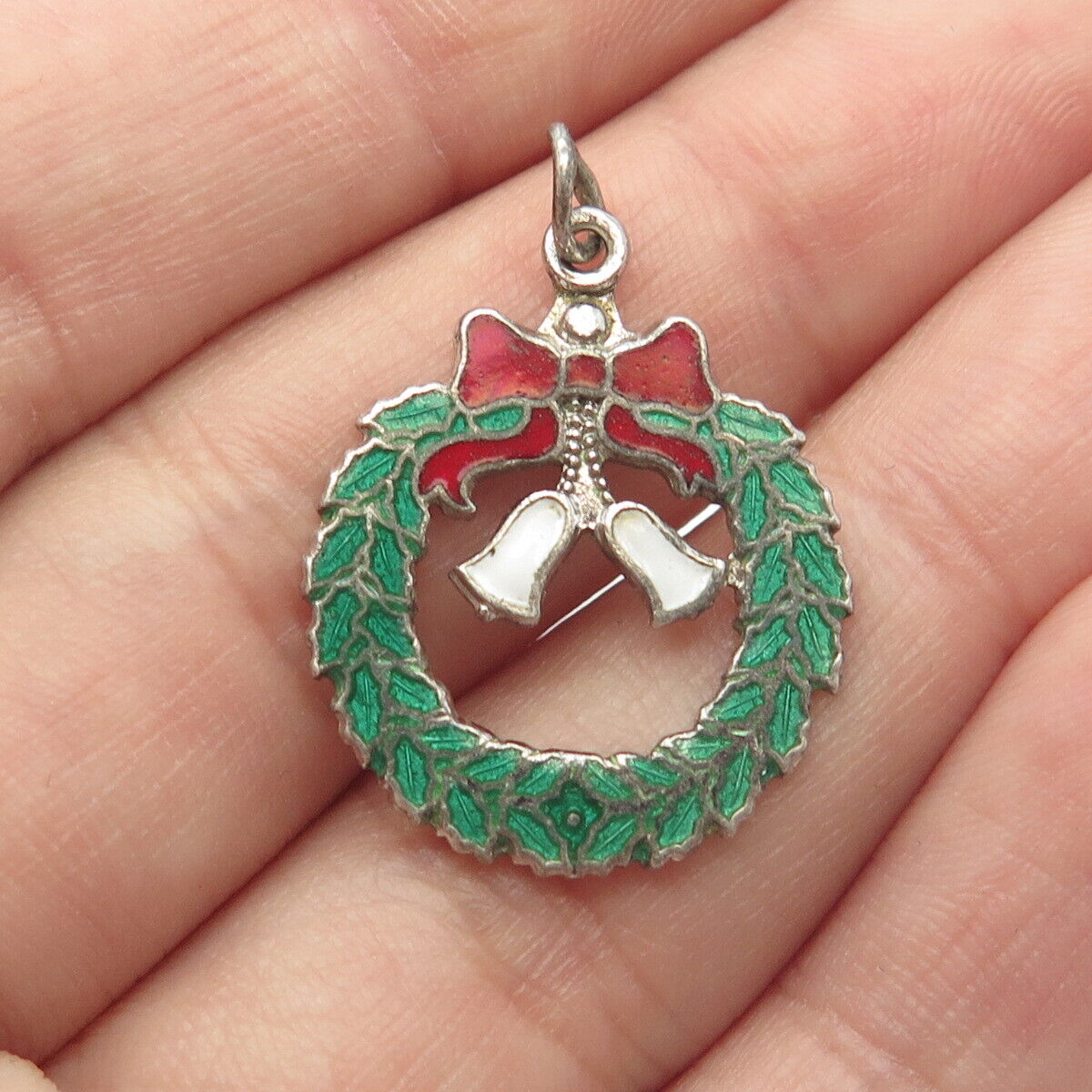 925 Sterling Silver Antique Colorful Enamel Christmas Wreath Charm Pendant