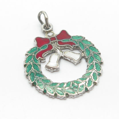 925 Sterling Silver Antique Colorful Enamel Christmas Wreath Charm Pendant