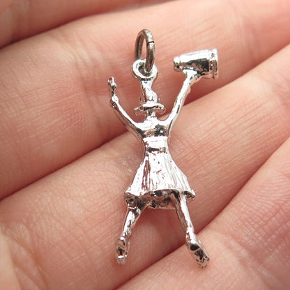 925 Sterling Silver Vintage Cheerleader Girl & Megaphone Pendant