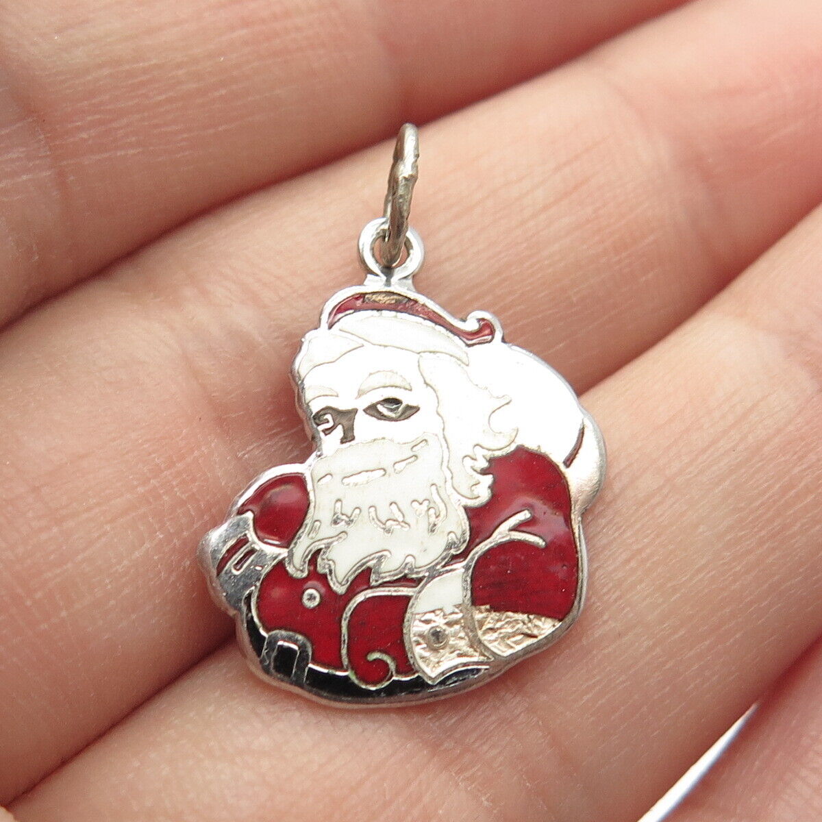 925 Sterling Silver Vintage Beau Enamel Santa Claus Charm Pendant