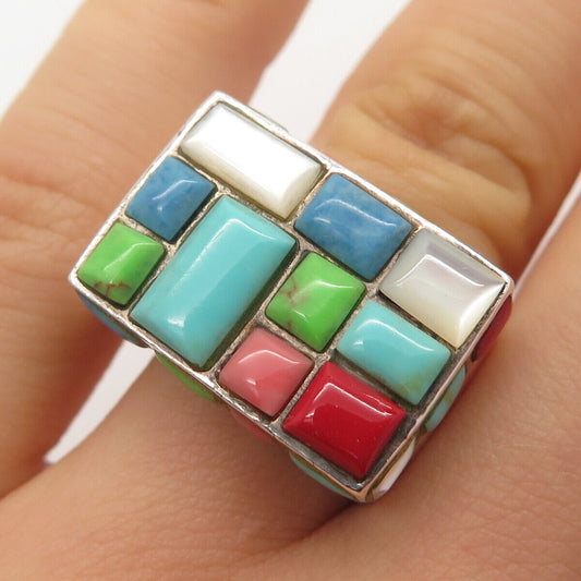 925 Sterling Silver Vintage Real MOP & Multi-Color Gem Bar Ring Size 6.5