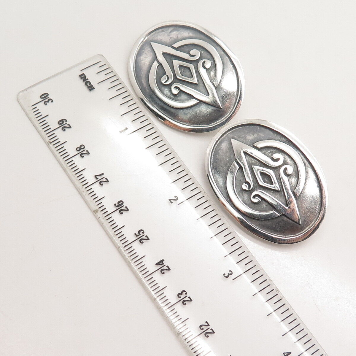 925 Sterling Silver Vintage Mexico Ornate Oval Clip On Earrings