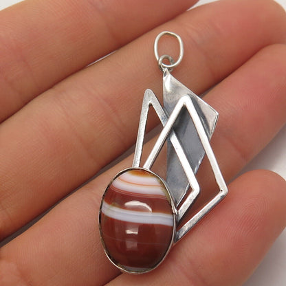 925 Sterling Silver 2-Tone Vintage Real Agate Gem Modernist Pendant