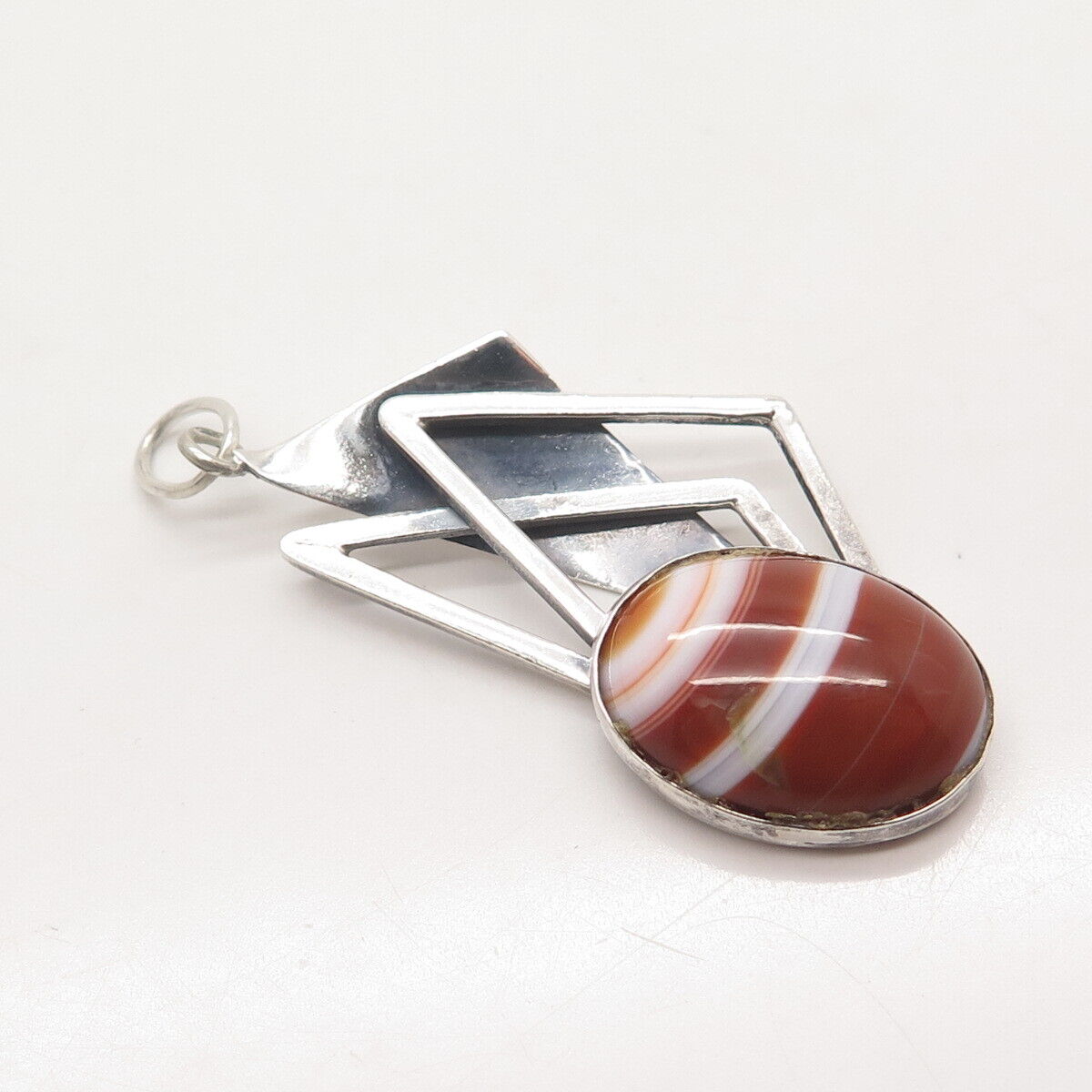 925 Sterling Silver 2-Tone Vintage Real Agate Gem Modernist Pendant