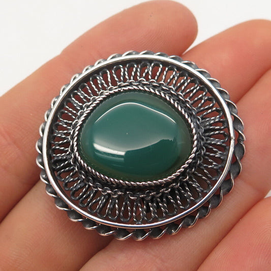 925 Sterling Silver Vintage Real Green Chalcedony Gem Ornate Pin Brooch/Pendant