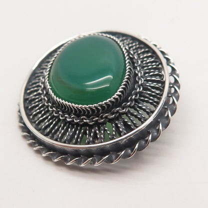 925 Sterling Silver Vintage Real Green Chalcedony Gem Ornate Pin Brooch/Pendant