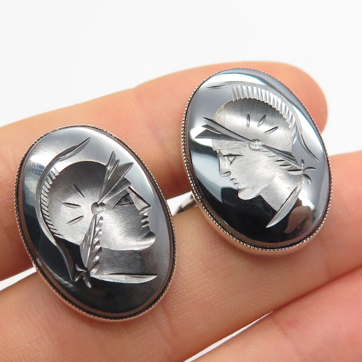 800 Silver Vintage Real Hematite Cameo Roman Warrior Handmade Cufflinks