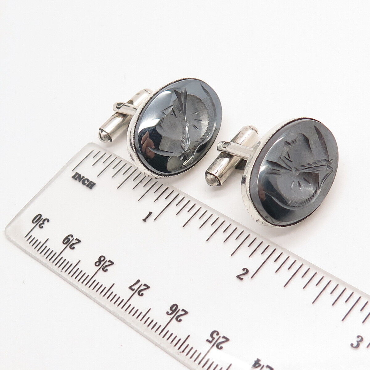 800 Silver Vintage Real Hematite Cameo Roman Warrior Handmade Cufflinks