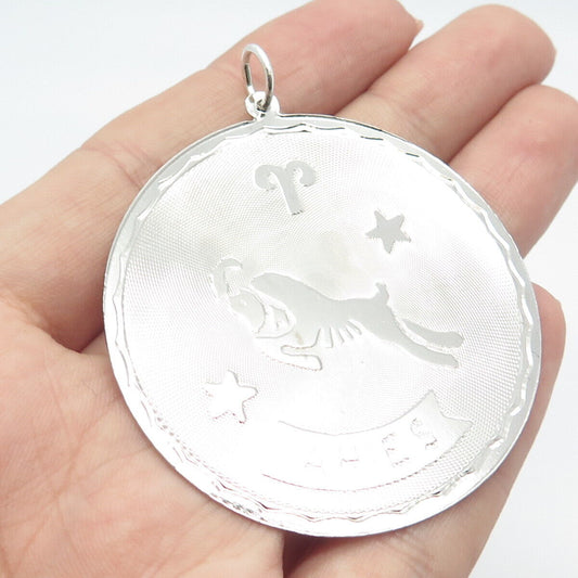 925 Sterling Silver Vintage Aries Zodiac Sign Round Pendant