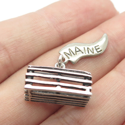 925 Sterling Silver Vintage "Maine" Box Cage Charm Pendant