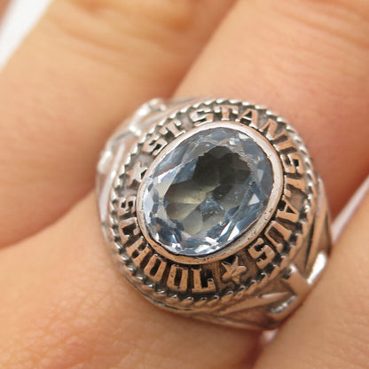 925 Sterling Silver Vintage Blue Topaz 1977 St. Stanislaus School Ring Size 8