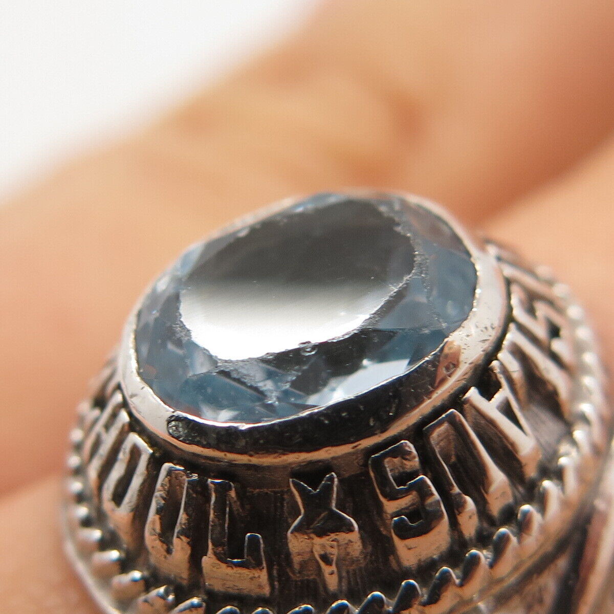 925 Sterling Silver Vintage Blue Topaz 1977 St. Stanislaus School Ring Size 8