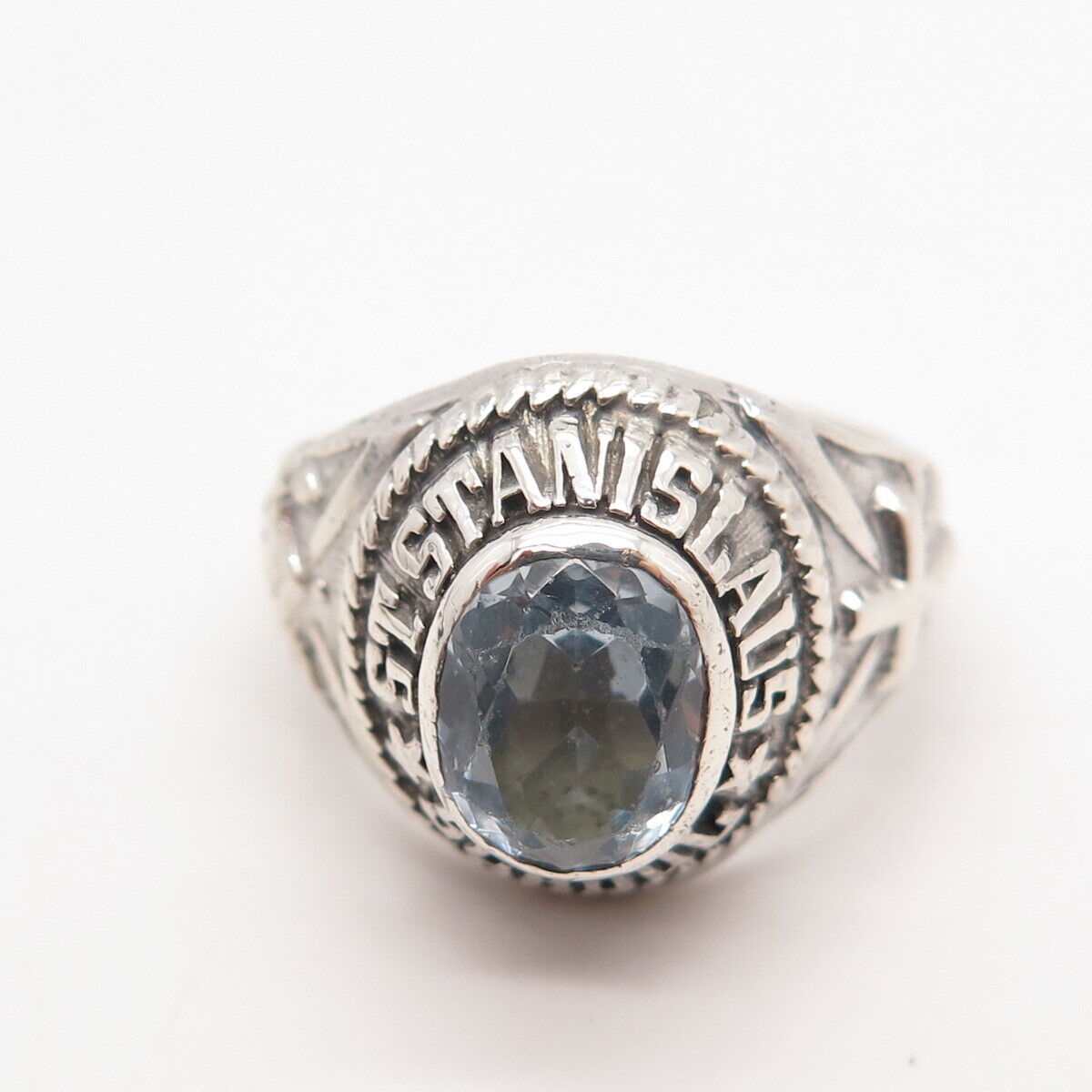 925 Sterling Silver Vintage Blue Topaz 1977 St. Stanislaus School Ring Size 8