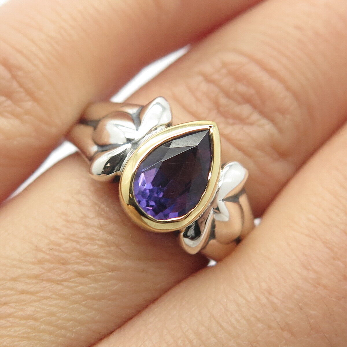 925 Sterling Silver / 18K Gold Vintage Real Amethyst Gem Teardrop Ring Size 6.5