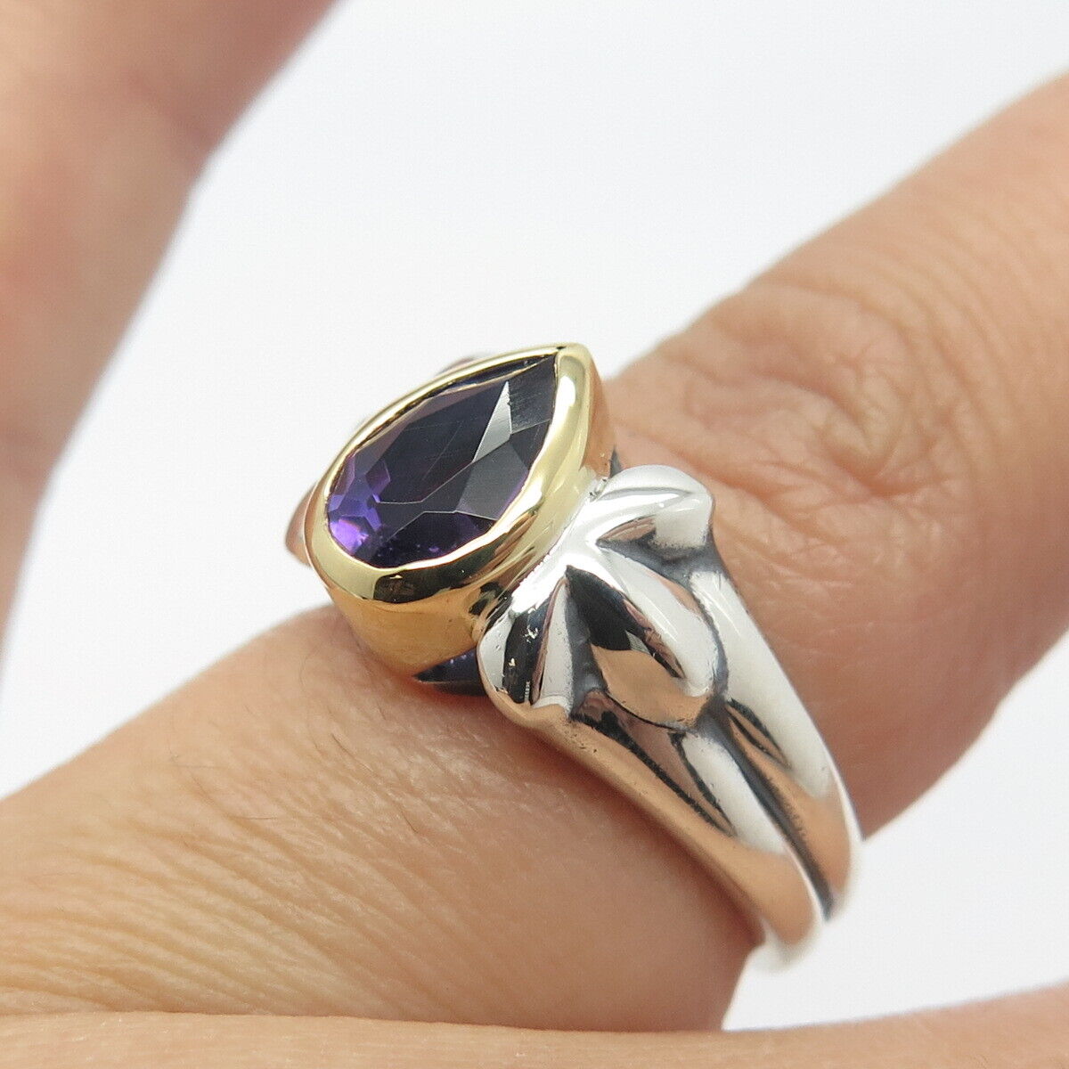 925 Sterling Silver / 18K Gold Vintage Real Amethyst Gem Teardrop Ring Size 6.5