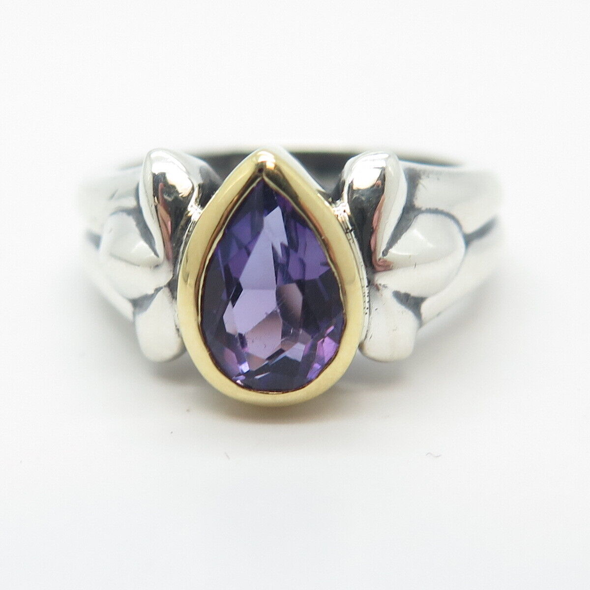 925 Sterling Silver / 18K Gold Vintage Real Amethyst Gem Teardrop Ring Size 6.5