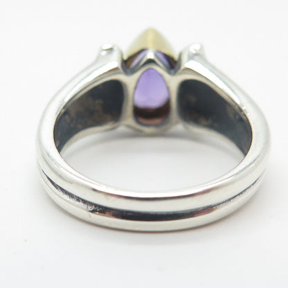 925 Sterling Silver / 18K Gold Vintage Real Amethyst Gem Teardrop Ring Size 6.5