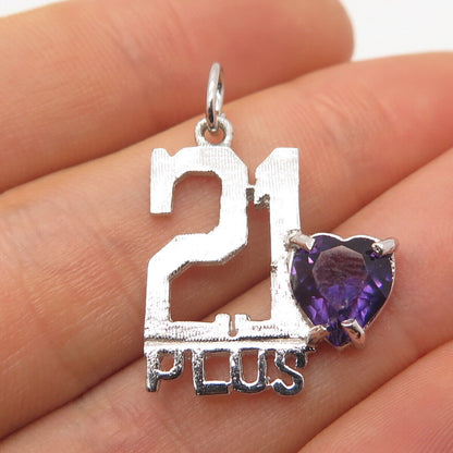 925 Sterling Silver Vintage Real Amethyst Gemstone "21 Plus" Charm Pendant