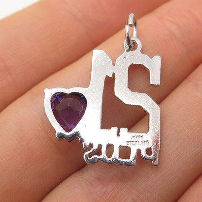 925 Sterling Silver Vintage Real Amethyst Gemstone "21 Plus" Charm Pendant