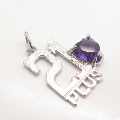 925 Sterling Silver Vintage Real Amethyst Gemstone "21 Plus" Charm Pendant