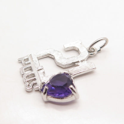 925 Sterling Silver Vintage Real Amethyst Gemstone "21 Plus" Charm Pendant