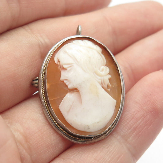 800 Silver / Gold Antique Real Mother-Of-Pearl Cameo Victorian Lady Pin Brooch