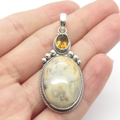 925 Sterling Silver Real Agate & Citrine Gemstone Pendant