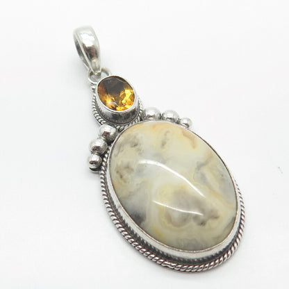 925 Sterling Silver Real Agate & Citrine Gemstone Pendant