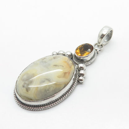 925 Sterling Silver Real Agate & Citrine Gemstone Pendant